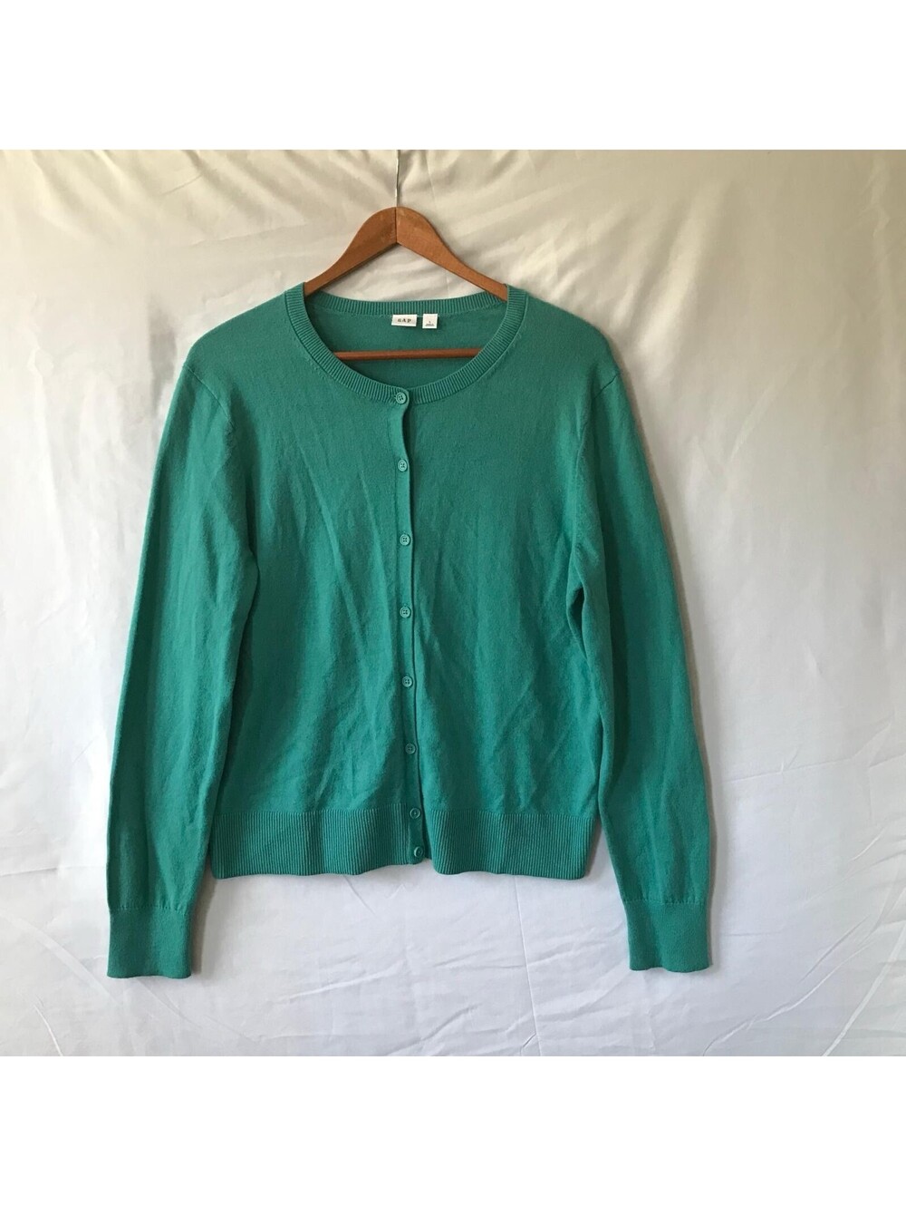 GAP Cardigan L Green Turquoise Cotton Crewneck Button Sweater Knit Top